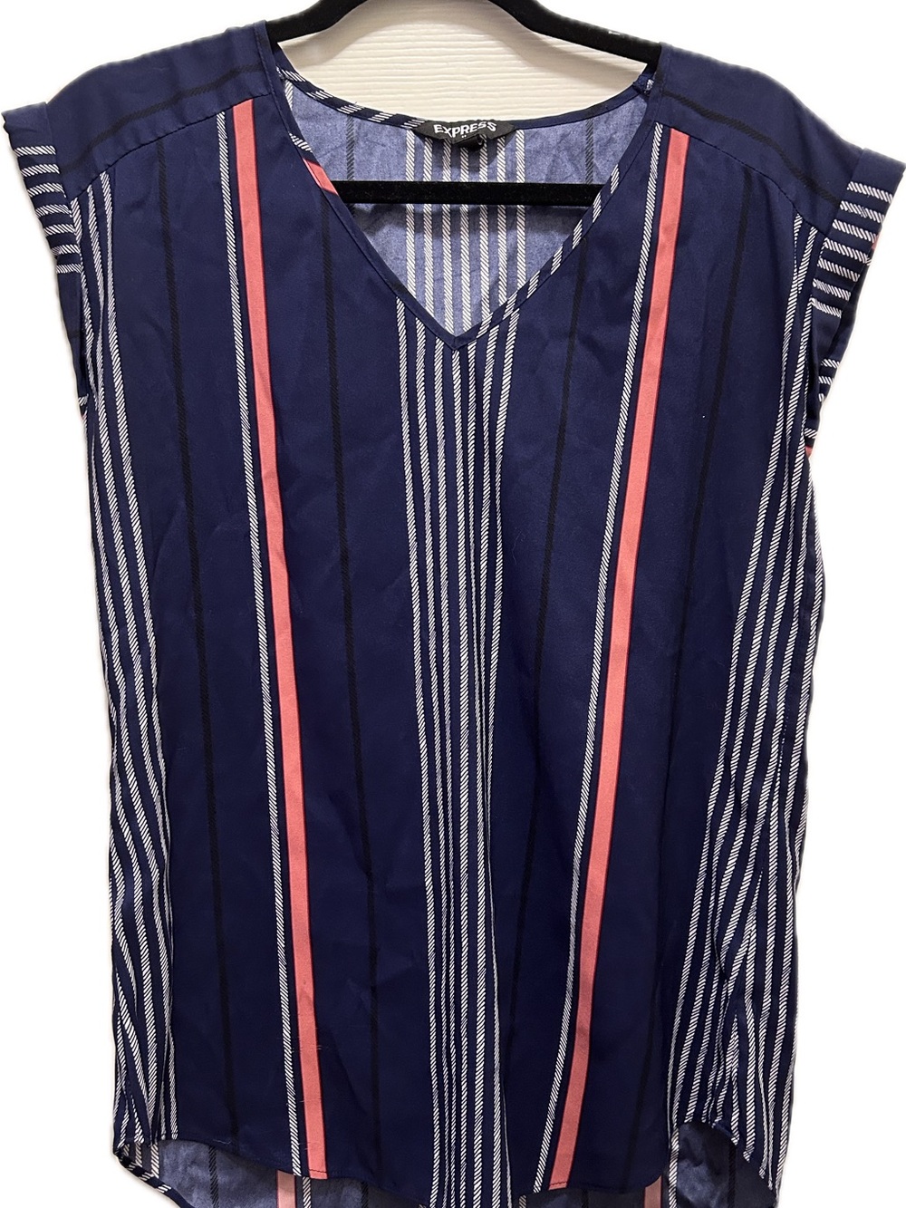Express Navy Striped V-Neck Sleeveless Top with Pink Accents